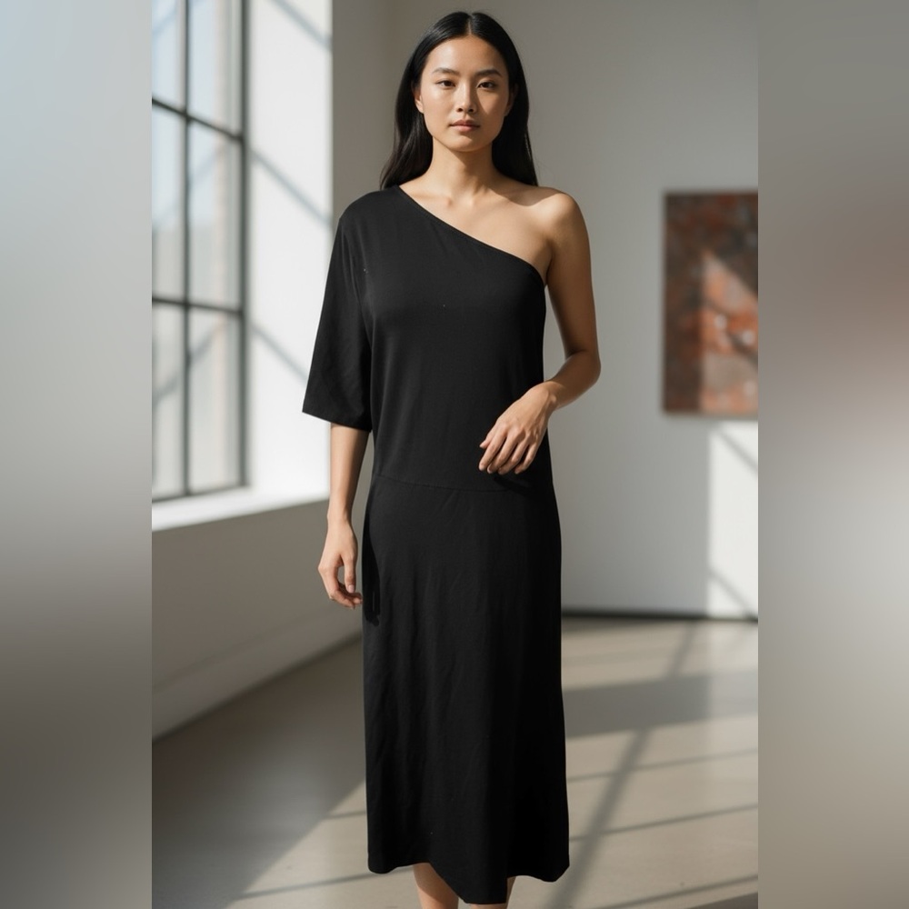 WHO WHAT WHERE ONE SHOULDER BLACK DRESS, LG